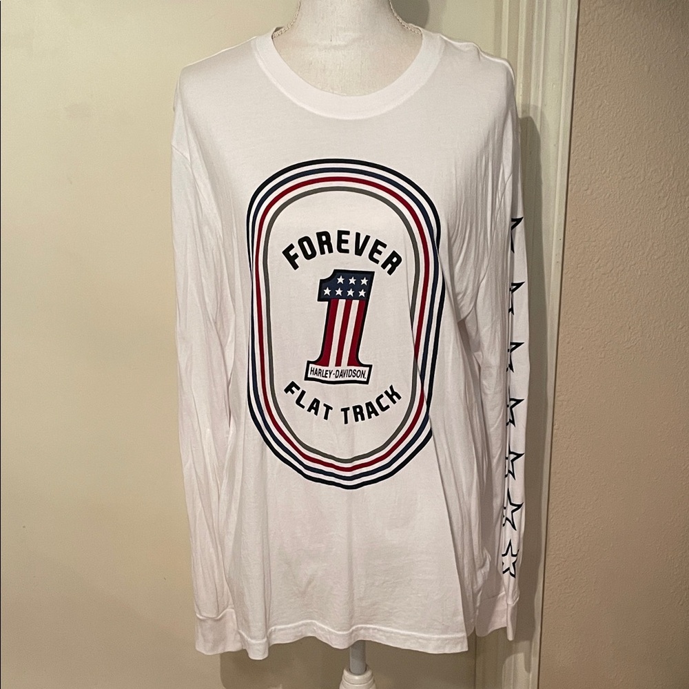 “Harley-Davidson” White Long Sleeve with Red and Blue Graphics
